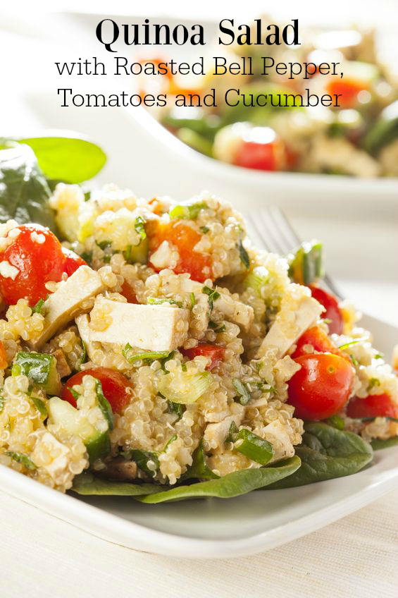 This Quinoa Salad with Roasted Bell Peppers, Tomatoes, and Cucumber is a powerhouse salad that is utterly delicious and nutritious! No guilt here.