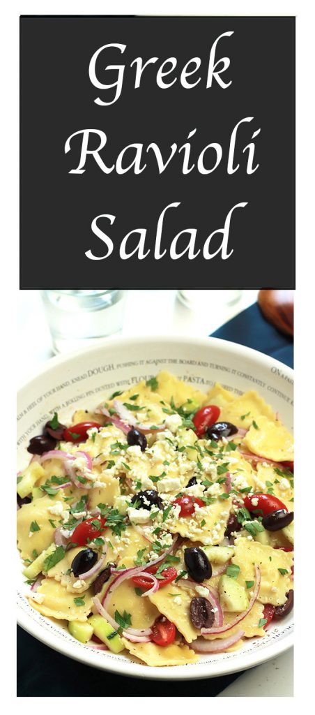 Quick and easy Greek Ravioli Salad- With just a few ingredients you can turn your pre-packaged Ravioli into a delicious salad. A great way to lighten it up your for the summer.