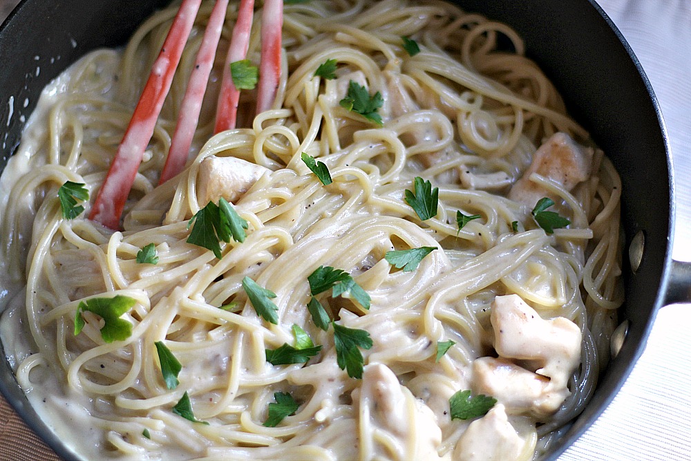 This Creamy Chicken Pasta is anything but your average pasta. Made with chicken and mushroom soup, chopped chicken, and spaghetti noodles, it's sure to be your new favorite go-to dinner recipe!