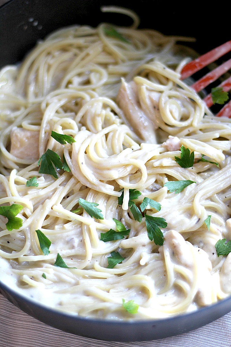 This Creamy Chicken Pasta is anything but your average pasta. Made with chicken and mushroom soup, chopped chicken, and spaghetti noodles, it's sure to be your new favorite go-to dinner recipe!
