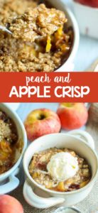 Sweet and gooey apples and peaches combined and topped with a cinnamon crisp topping is the perfect end of summer/early fall dessert! This Peach Apple Crisp recipe comes together so quickly and tastes like a big bowl of fall. Serve it warm right out of the oven with a scoop of vanilla ice cream and wait to be transported to the harvest season