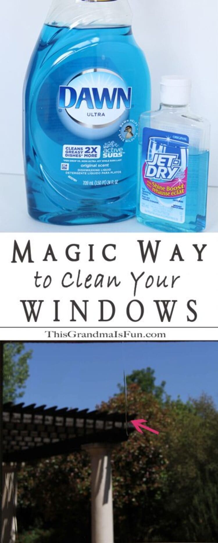 Photo Collage of Cleaning Supplies i.e Dawn Detergent and Jet Dry and Window with Large Water Drip While Drying