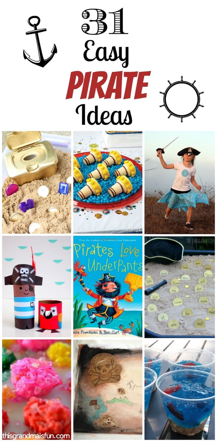 Collage images of pirate themed ideas such as food, activities, games and costumes