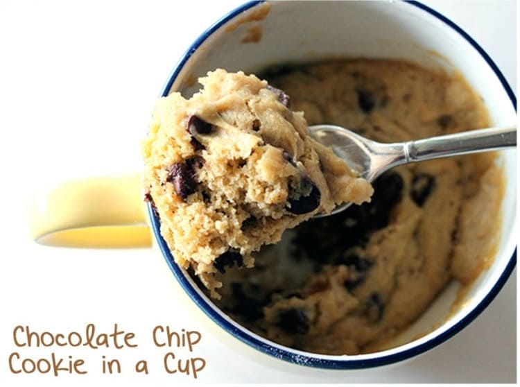 microwave mug snacks chocolate chip cookie in a cup with a fork in it