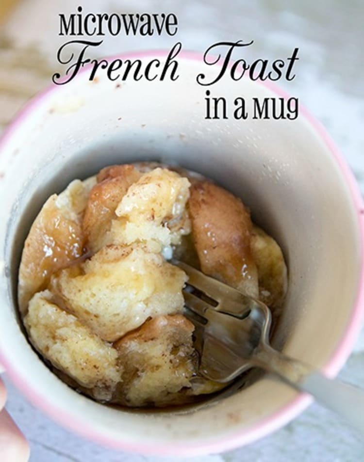 microwave mug snacks french toast in a white cup with fork inside
