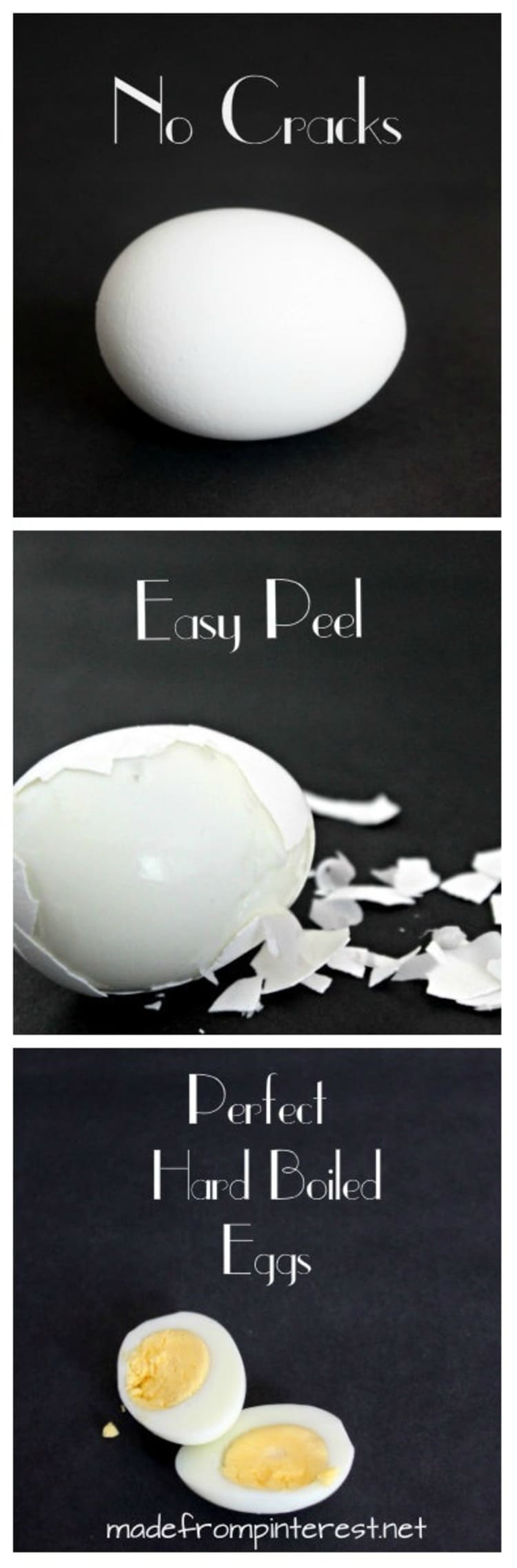 No Cracks, Easy Peel, Perfect Hard Boiled Eggs collage of three photos with egg on black background