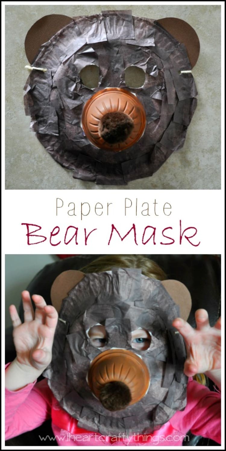 paper plate craft bear mask collage of two photos on a grey background