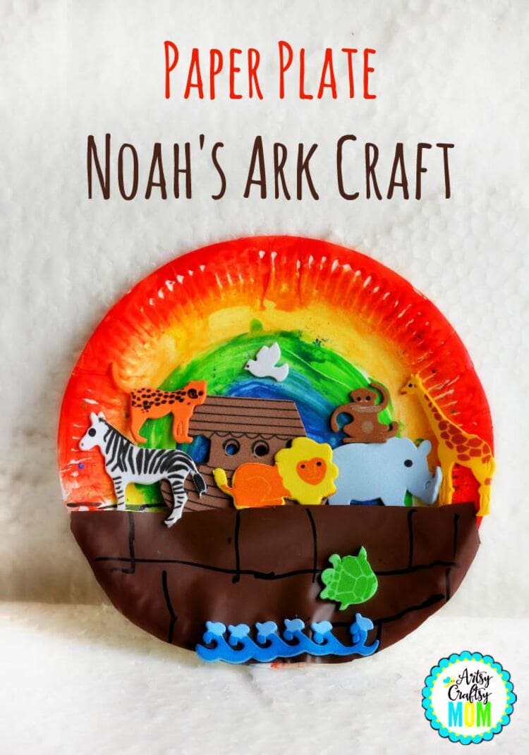 paper plate craft noah`s ark with zebra, lion, monkey, elephant, turtle, giraffe, bird on white background