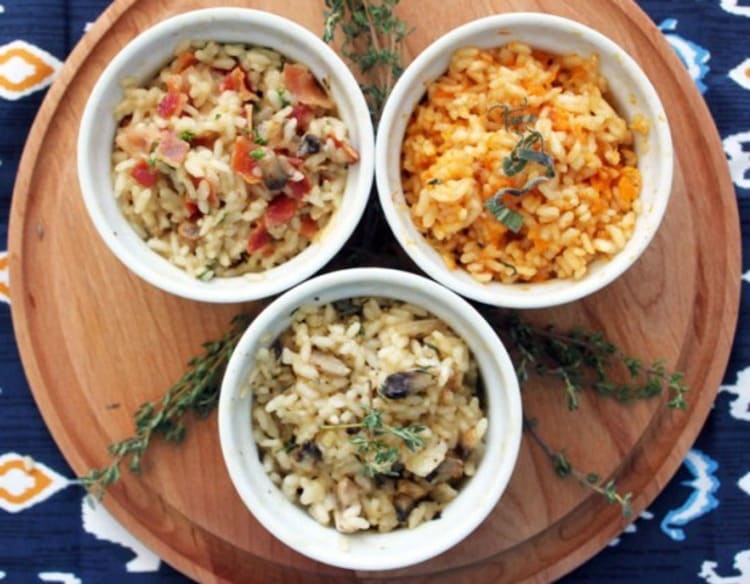 microwave mug snacks risotto in three white cups on a wooden plate