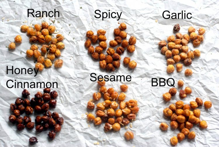 Roasted Chickpeas Recipe six types of flavor - ranch, spicy, garlic, honey and cinnamon, sesame, BBQ