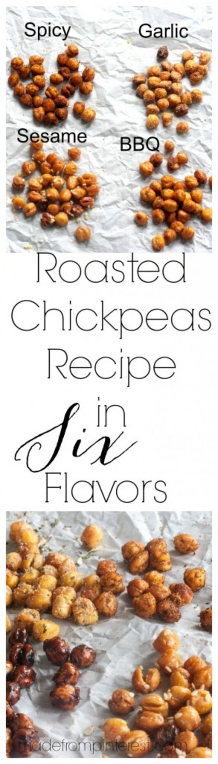 Roasted chickpeas recipes in six flavors on a white background