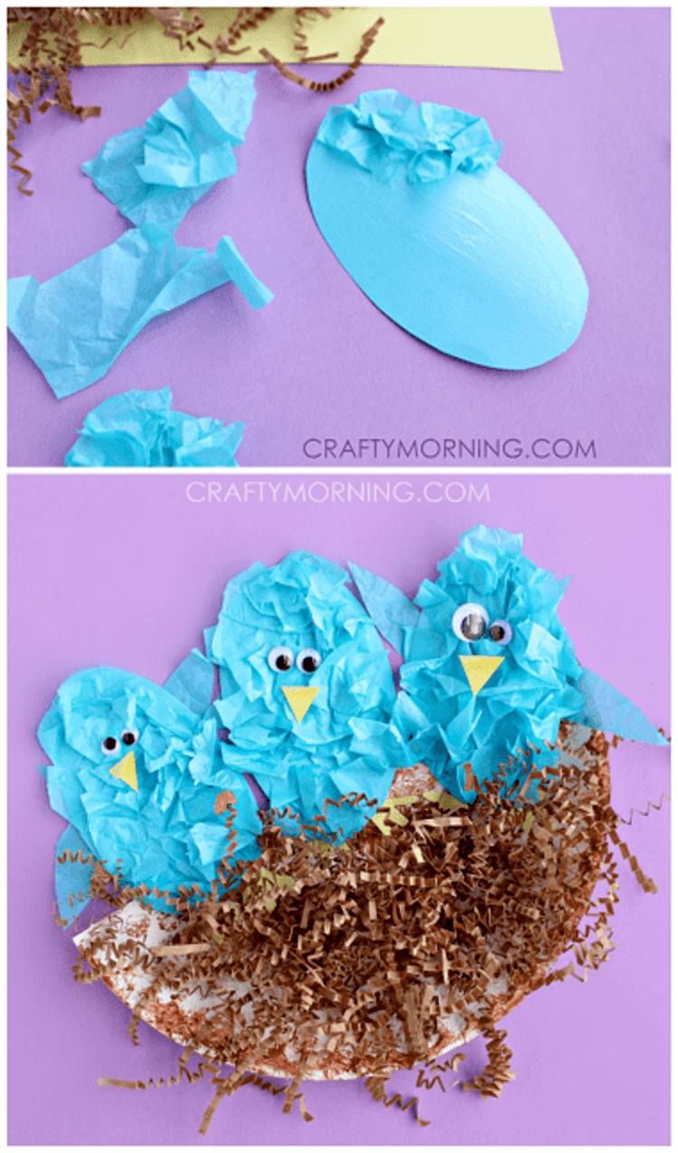 paper plate craft three blue birds in a brown nest on a purple background