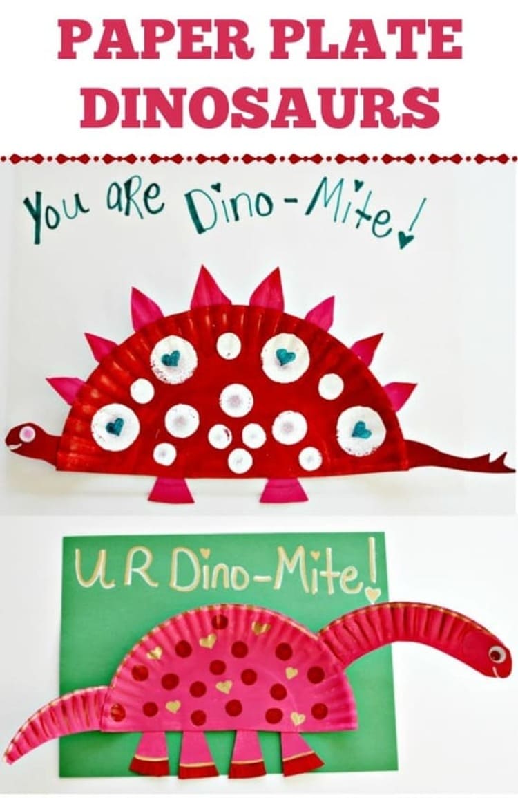 Paper plate craft red dinosaur with white dots on a white background