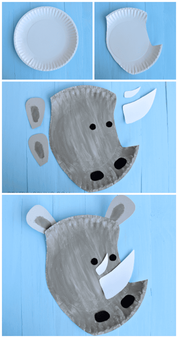 paper plate craft grey rhino collage showing the steps to making the craft, on a blue background