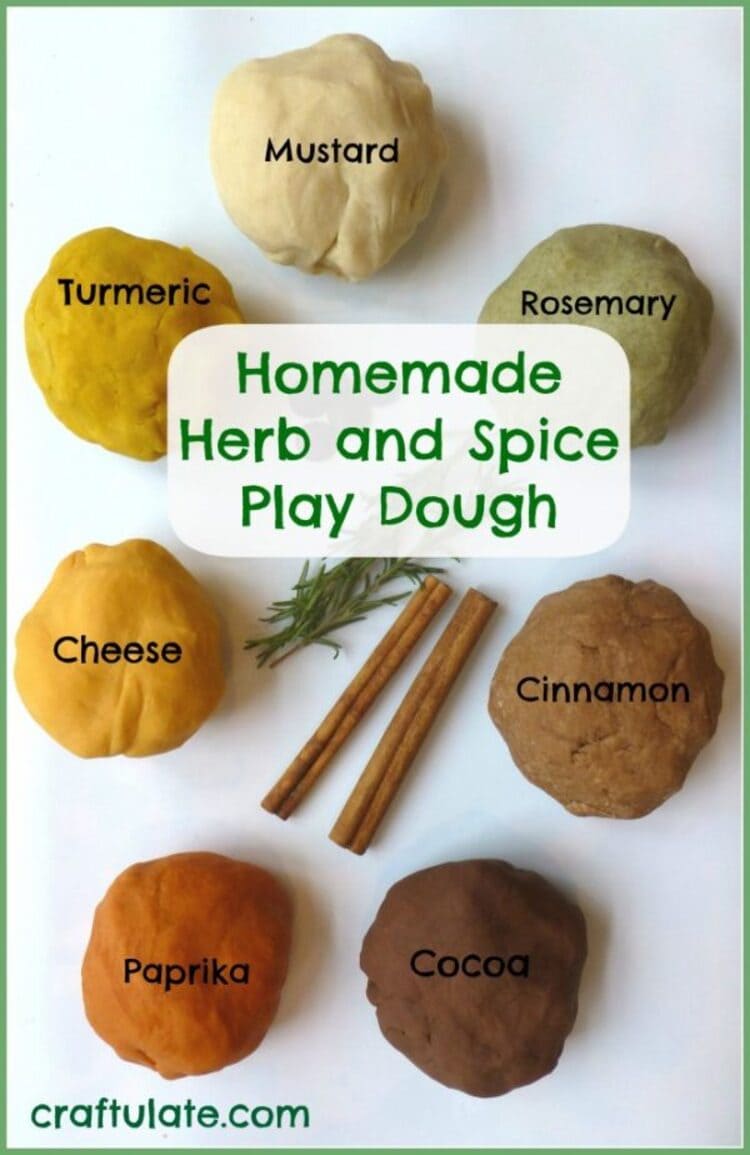 Homemade herb and spice dough - an image of differently spiced play doughs, from cinnamon to paprika to chocolate, etc