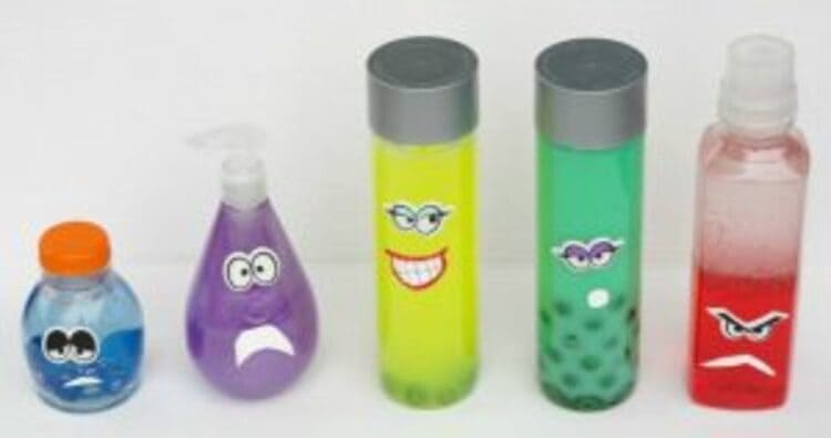Five inside out emotion discovery bottles portraying anger, sadness, happiness, among other emotions