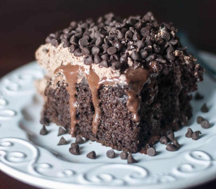 chocolate cake with chocolate pudding filling and mini chocolate chips on top with fudge dripping down the sides.