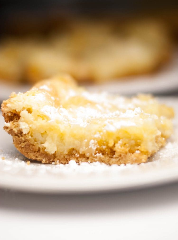 Paula Deens Ooey Gooey Butter cake close up image on a white plate sprinkled with powdered sugar