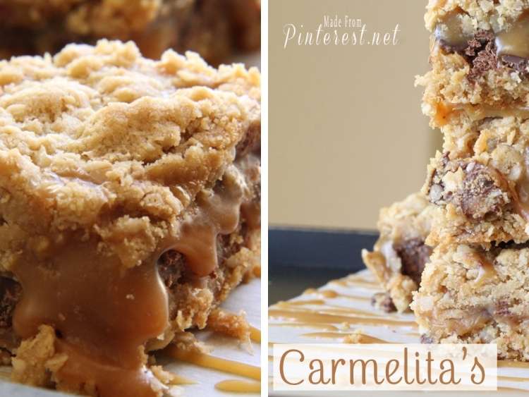 3 Carmelitas This Grandma Is Fun Photo Collage, close up of a carmelitas cookie bar slice with another slice in the background, caramel drizzled on the plate, carmelitas cookie bar slices sta