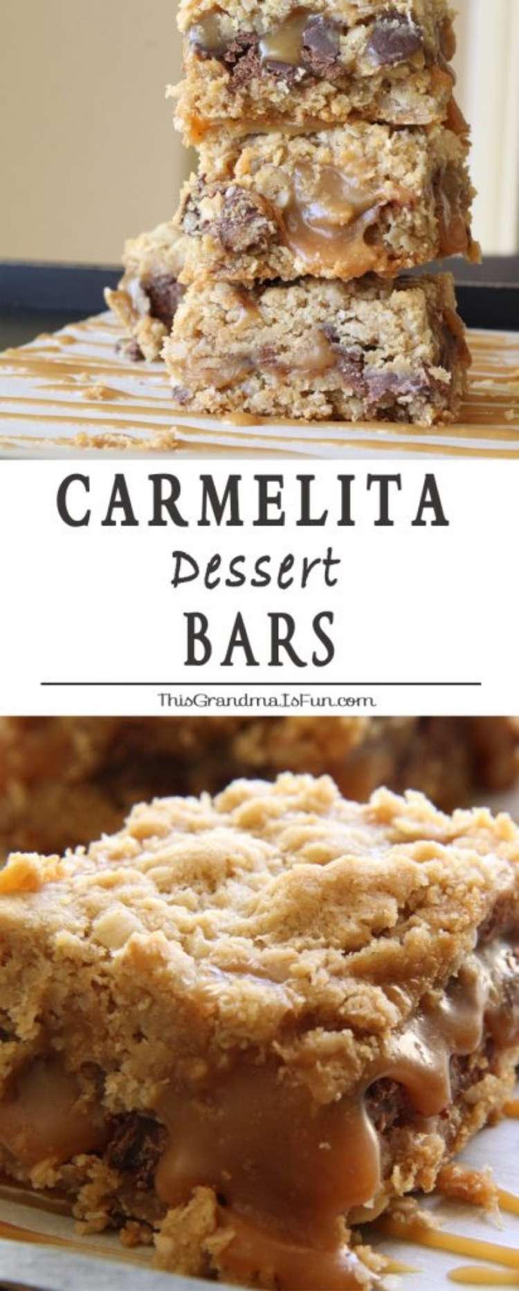 Carmelitas This Grandma Is Fun Pinterest graphic close up of carmelitas cookie bar collage