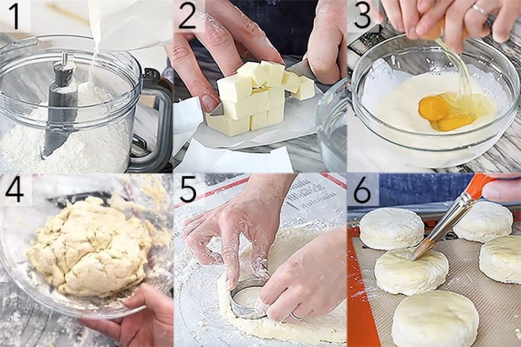 steps to prep the diners mile high biscuits step 1 flower and backing flower in mixing bowl, step 2 cubed butter, step 3 add buttermilk and egg to bowl, step 4 dough worked together, step 5 coockie cutting, step 6 glazing buscuits with pastry brush.