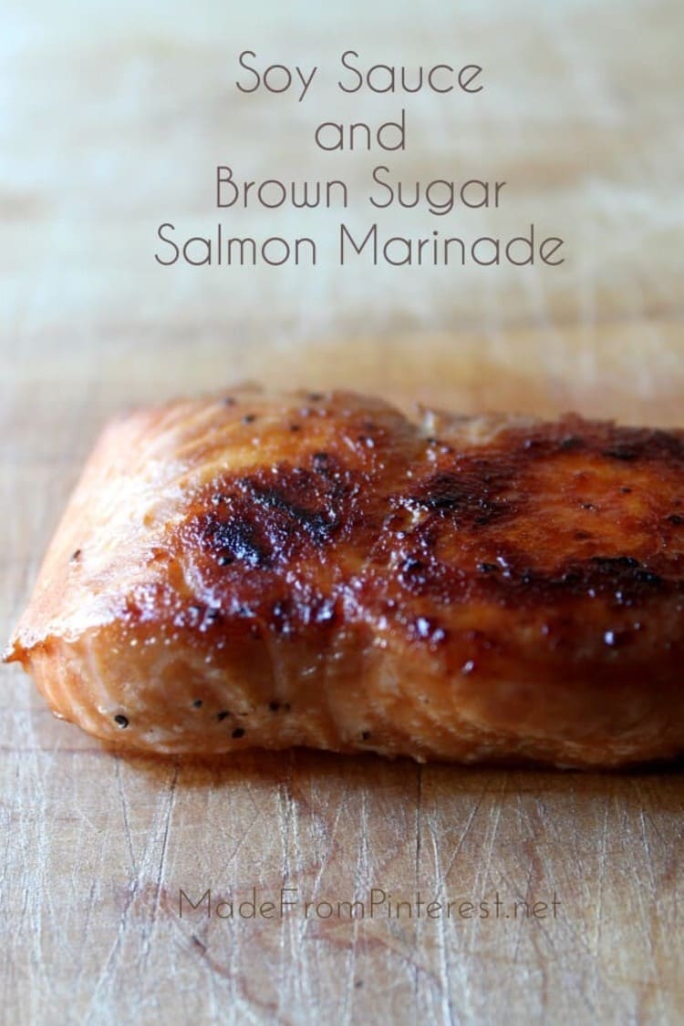 close up photo of a slice of tasty looking brown sugar salmon marinade laid on a kitchen table