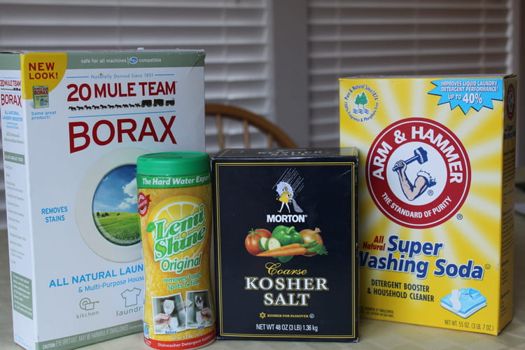 DIY dishwasher detergent - salt, super washing soda, borax, lemi shine products on a table