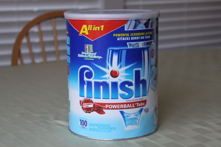 DIY make your own dishwasher detergent - finish dishwasher detergent put on a table with white tablecloth