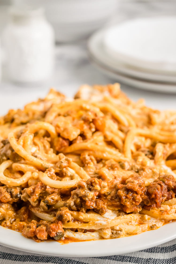 million dollar spaghetti recipe dinner dish, close-up photo of a spaghetti meal in a plate on a white and grey kitchen towel