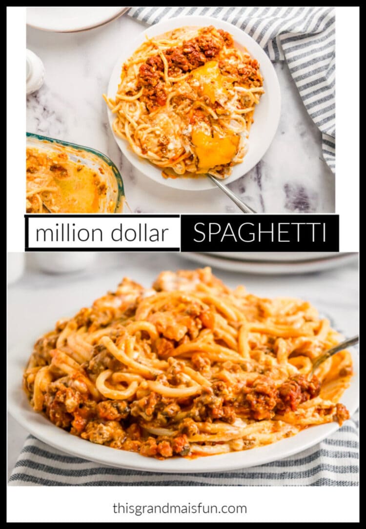 Million dollar spaghetti dish collage of two photos, a top view photo of spaghetti in a plate with fork inside on a marbled white surface with a grey and white cotton kitchen towel on the right top corner