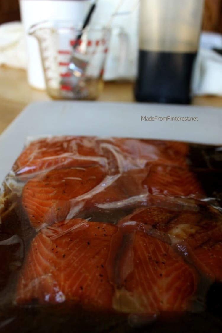 Salmon fish soaked in resealable plastic bag containing soy sauce 
