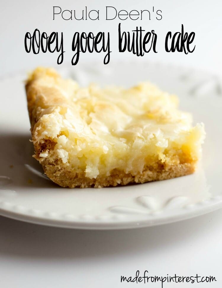 slice of paula deen's ooey butter cake on a white plate