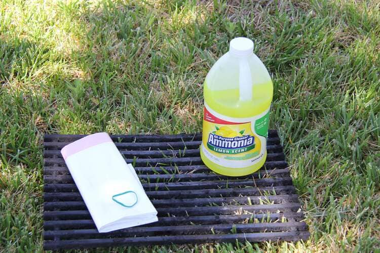 Cleaning BBQ grills the magic way - photo of a bottle of ammonia on a grill placed on a grass 