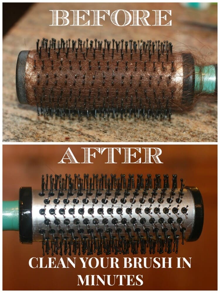 clean your hairbrush in minutes, a collage of two before and after photos that show a round hairbrush with lots of old hair on it and one with no old hair on it
