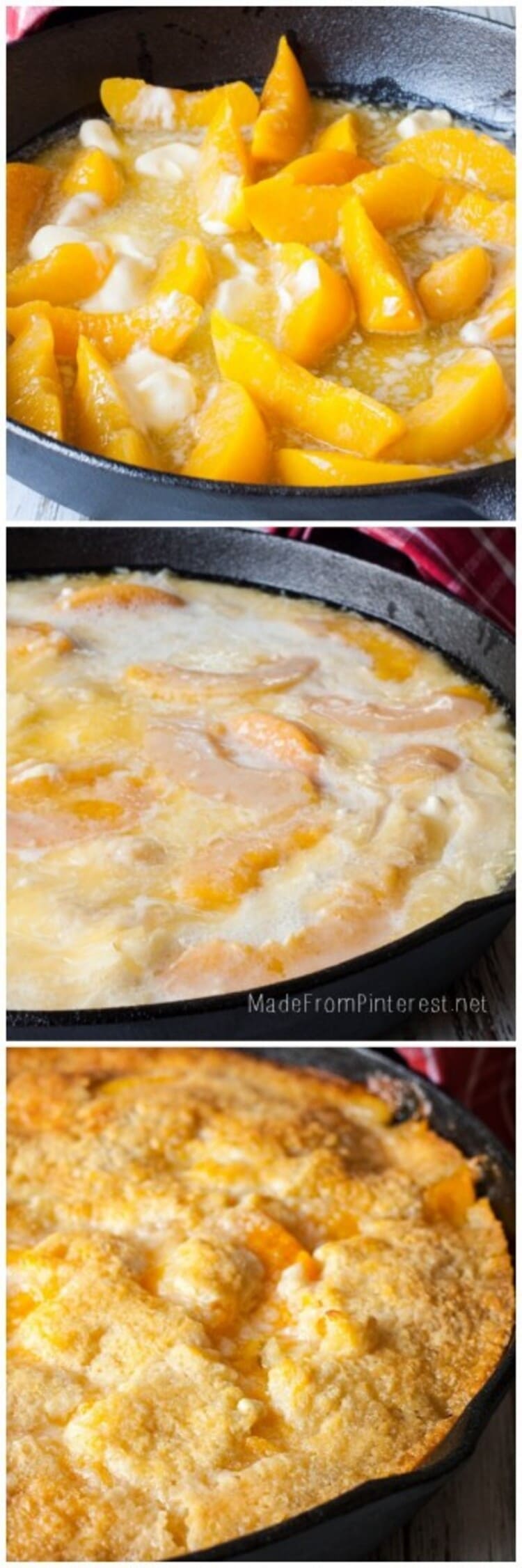 three step photo of peach cobbler from mixed ingredients on a pan to mixed batter on a pan to already baked peach cobbler