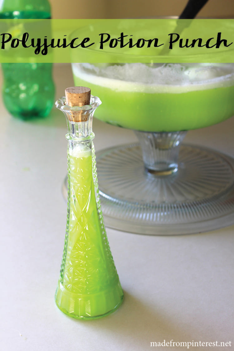 Looking for Harry Potter potion recipes? This Polyjuice Potion Recipe is the perfect punch for your next Harry Potter Party! It is so easy to make! A Polyjuice potion with green color in a small glass bottle and a glass of the potion in the back