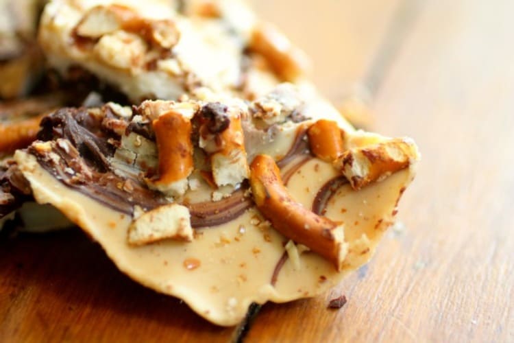 Peanut butter pretzel bark is an easy, sweet-salty candy you can make at home, a close-up photo.
