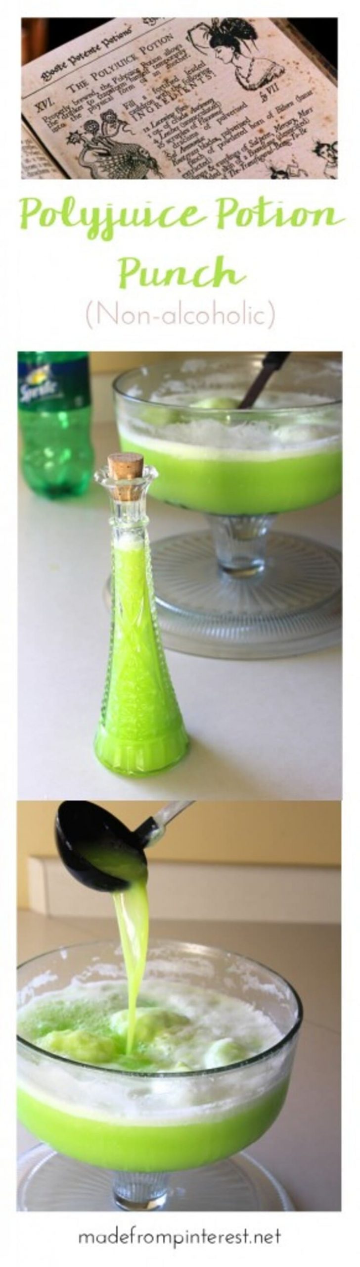 a collage photo of polyjuice potion recipe for a party punch in a bright green color