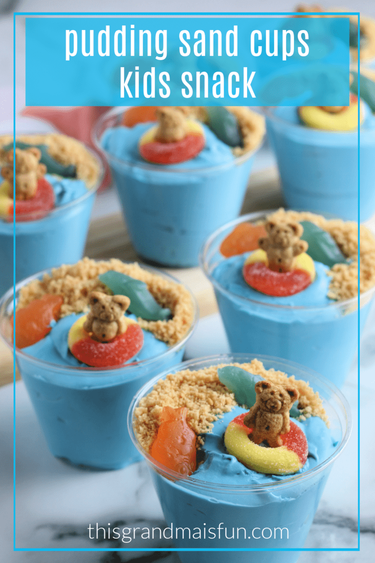 Pudding Sand Cups kids snack, a few blue pudding snacks in a transparent cups with gummy bears and biscuit sand on top