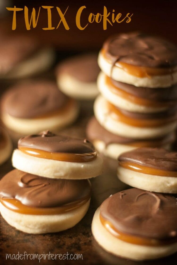 Tasty chocolatey stacked Twix cookies dessert for grandkids.